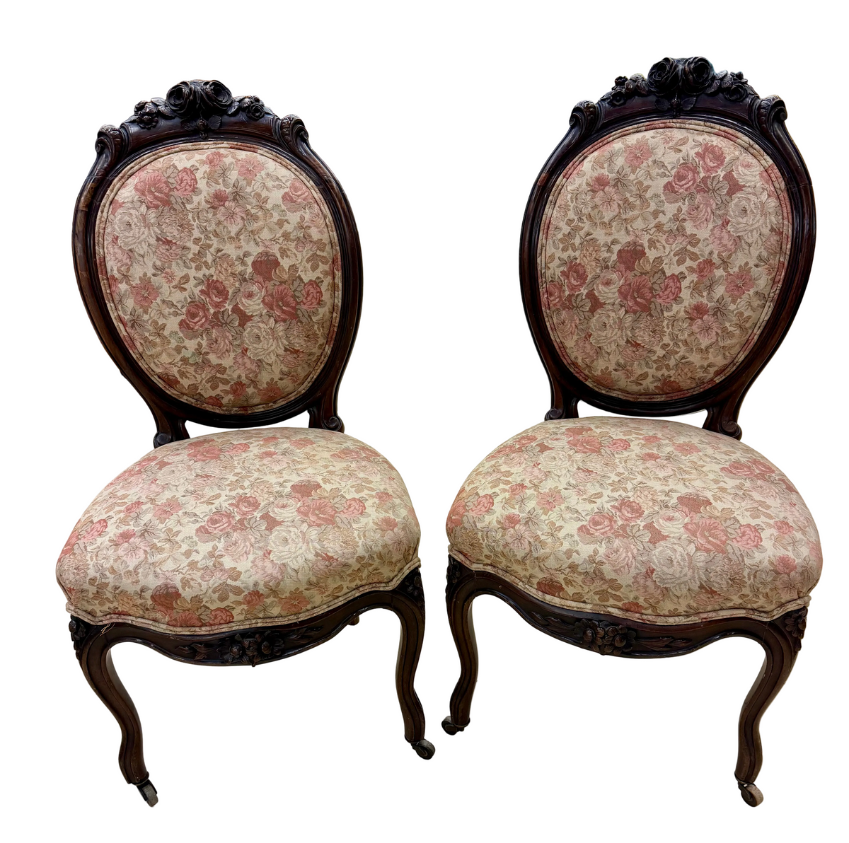 Vintage Victorian-Style Rose-Carved Medallion Back Parlor Accent Chairs (Set of 2)