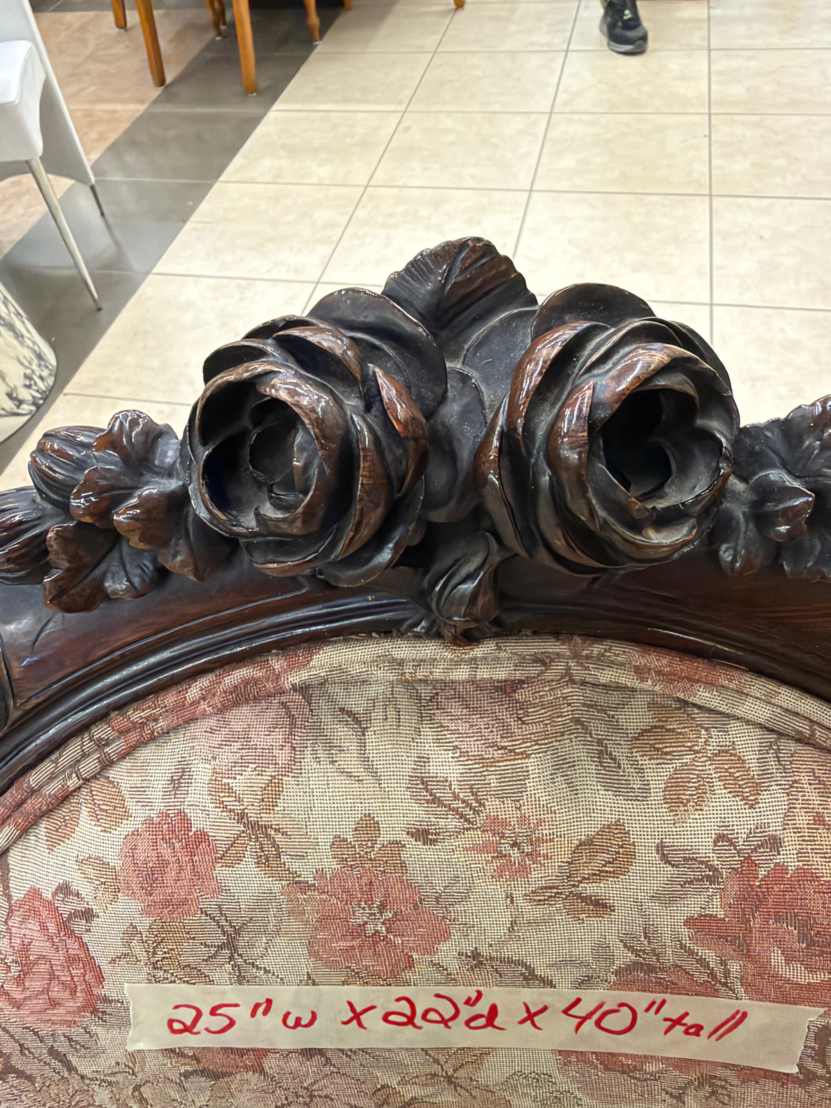 Antique Victorian Rococo Revival Rose-Carved Parlor Armchair in Floral Tapestry