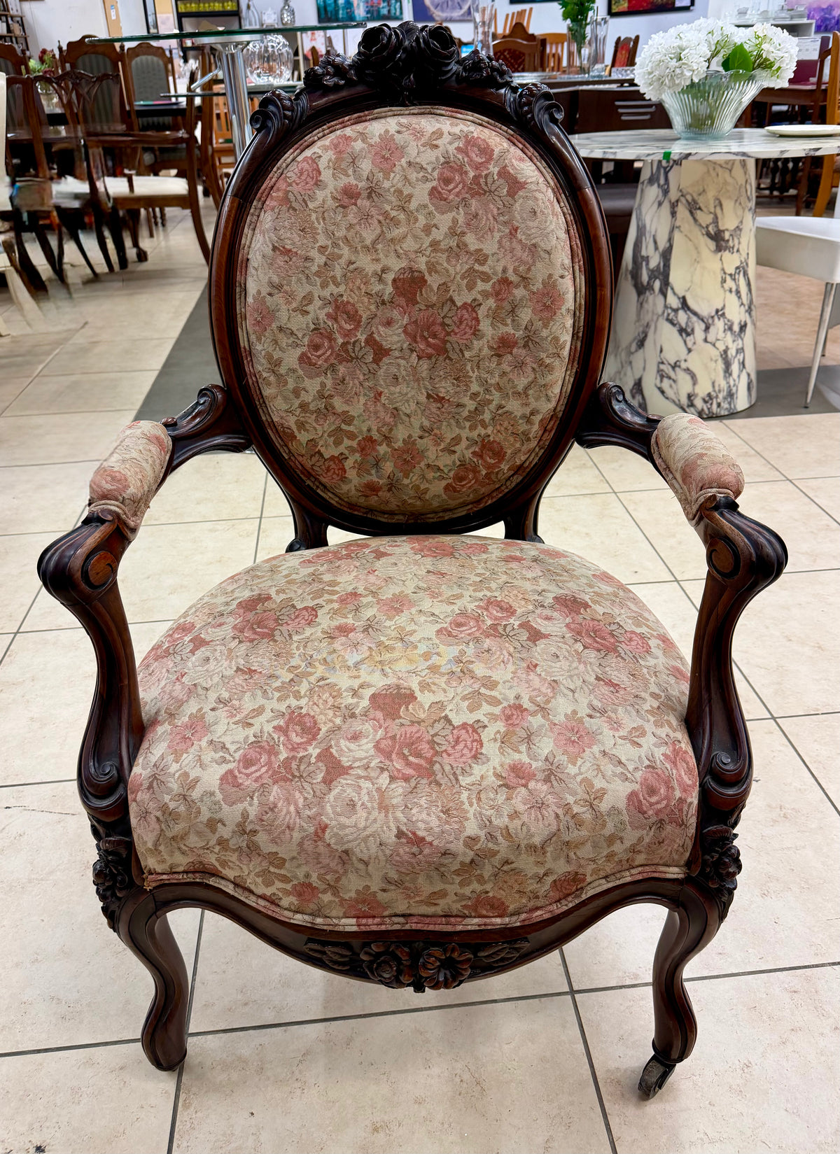 Antique Victorian Rococo Revival Rose-Carved Parlor Armchair in Floral Tapestry