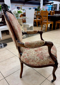 Antique Victorian Rococo Revival Rose-Carved Parlor Armchair in Floral Tapestry