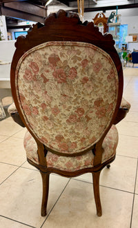 Antique Victorian Rococo Revival Rose-Carved Parlor Armchair in Floral Tapestry
