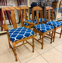 Set of 5 Vintage Early American Style Solid Maple Dining Chairs with Custom Cobalt Trellis Upholstery my