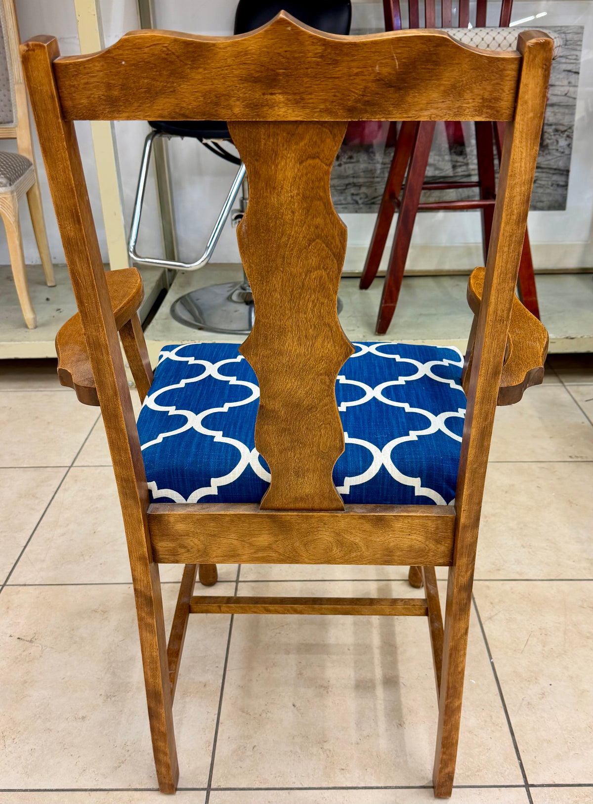 Set of 5 Vintage Early American Style Solid Maple Dining Chairs with Custom Cobalt Trellis Upholstery my