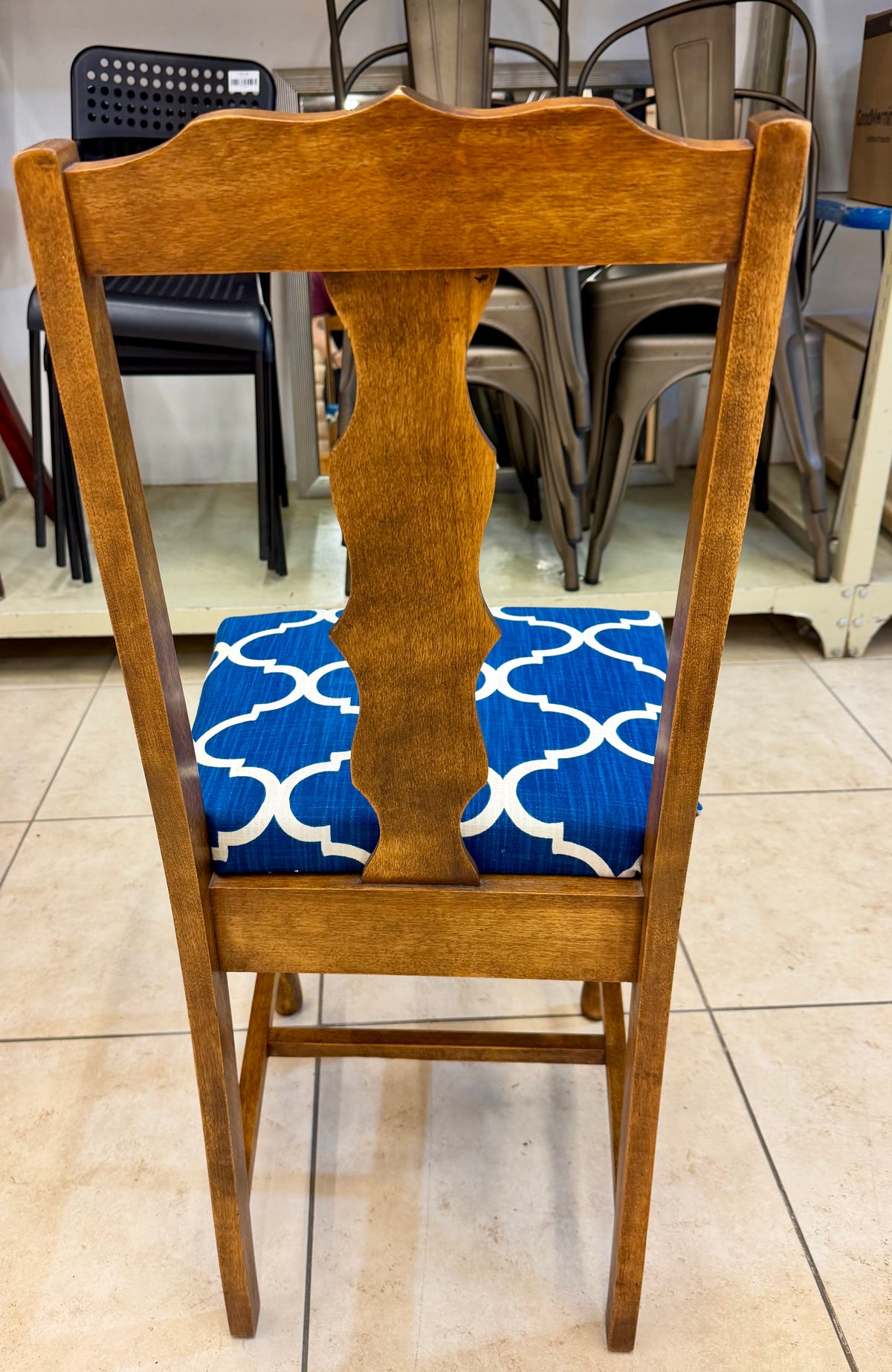 Set of 5 Vintage Early American Style Solid Maple Dining Chairs with Custom Cobalt Trellis Upholstery my