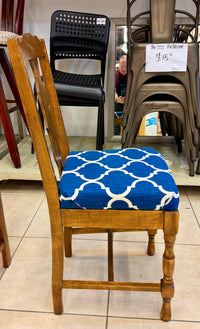 Set of 5 Vintage Early American Style Solid Maple Dining Chairs with Custom Cobalt Trellis Upholstery my