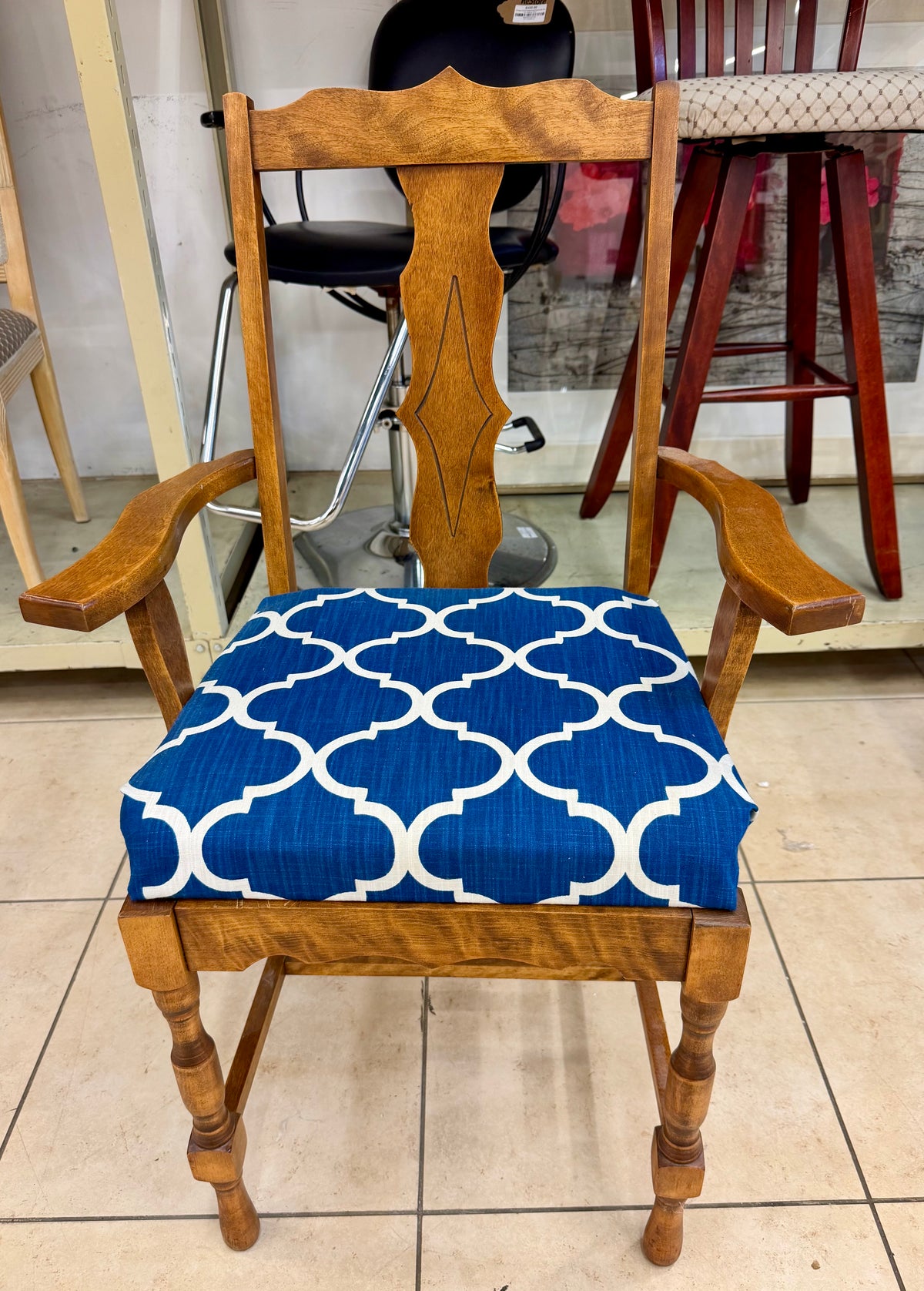 Set of 5 Vintage Early American Style Solid Maple Dining Chairs with Custom Cobalt Trellis Upholstery my