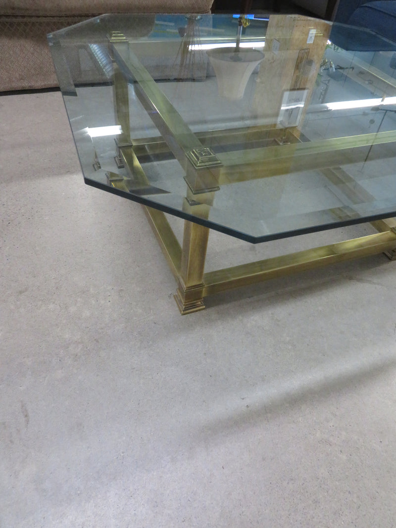 40"W Glass Topped Coffee Table on Brass Frame