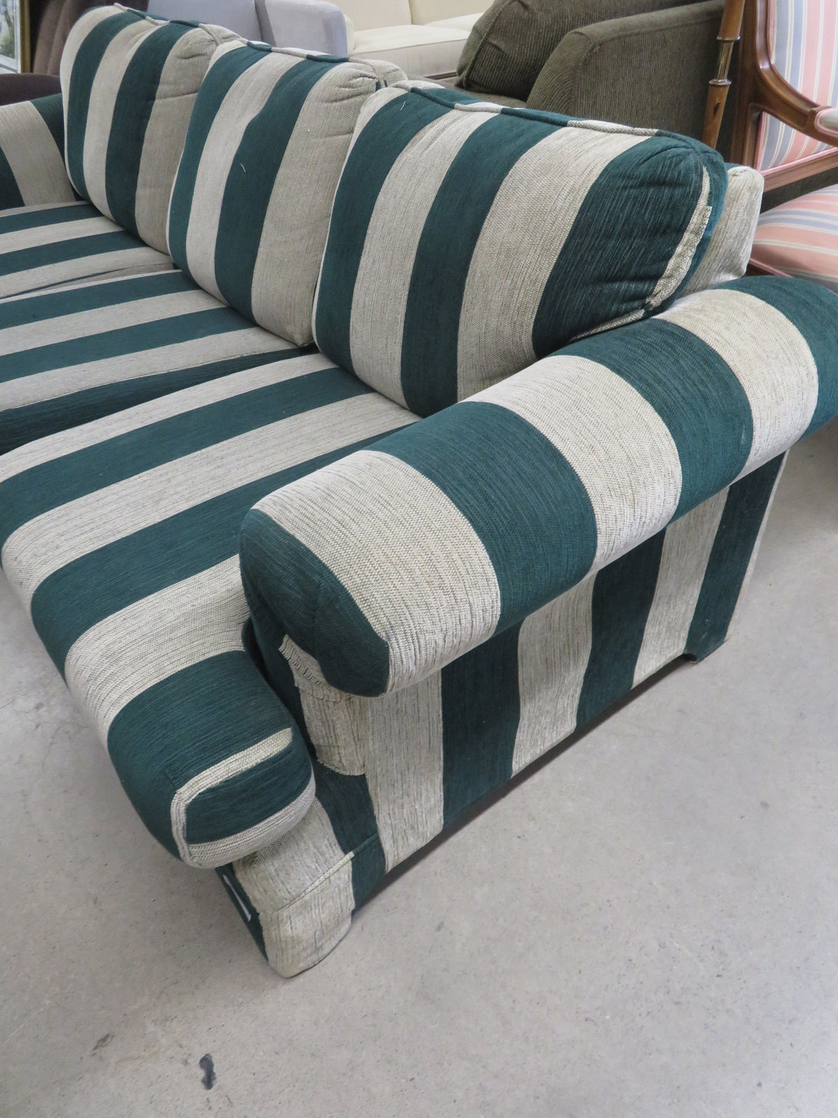 84"W 3-Seat Sofa in Green and Beige Stripes