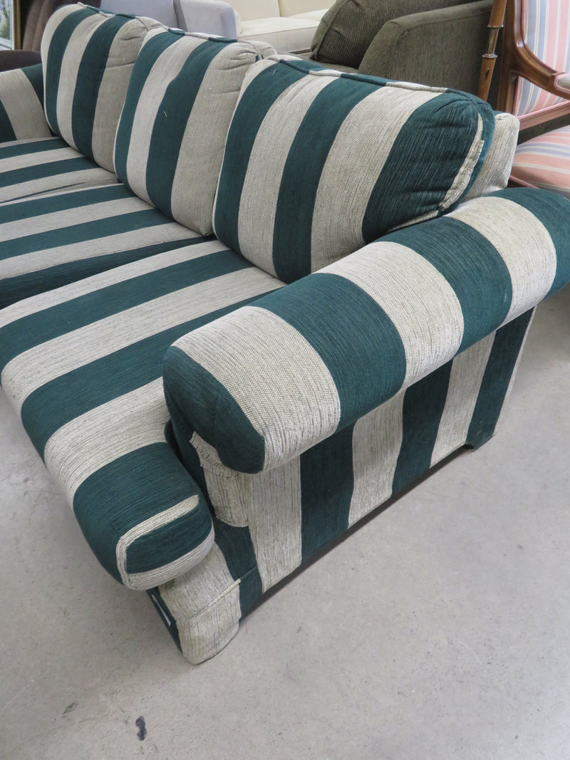 84"W 3-Seat Sofa in Green and Beige Stripes