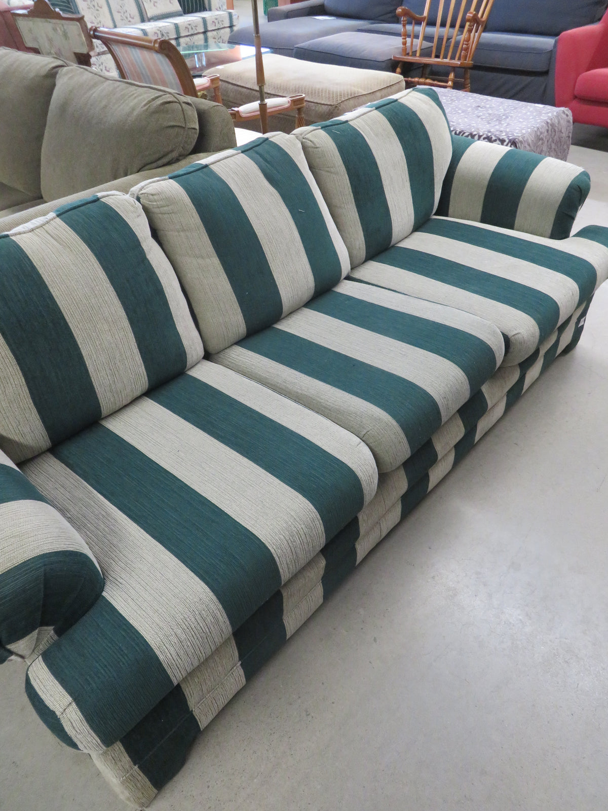 84"W 3-Seat Sofa in Green and Beige Stripes