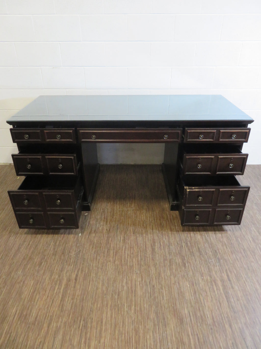 Dark Wood Double Pedestal Partners Desk with Glass Top
