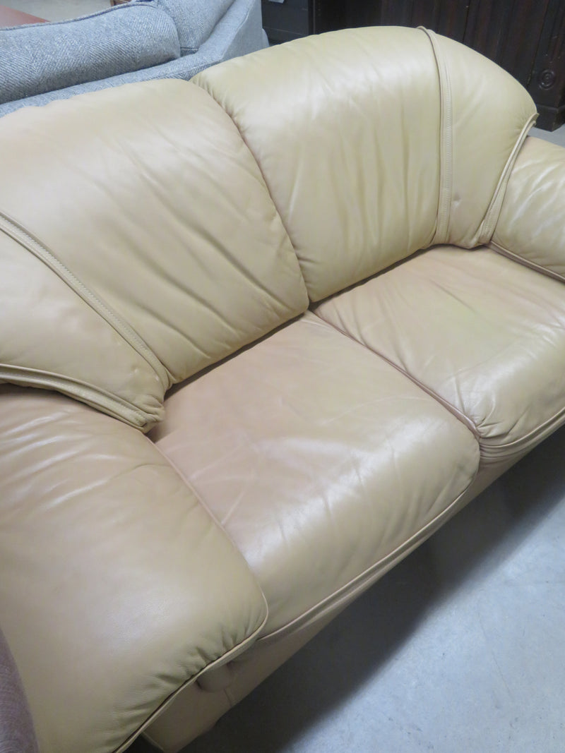 64x38x33-Inch – Tan Leather Loveseat with Plush Cushions