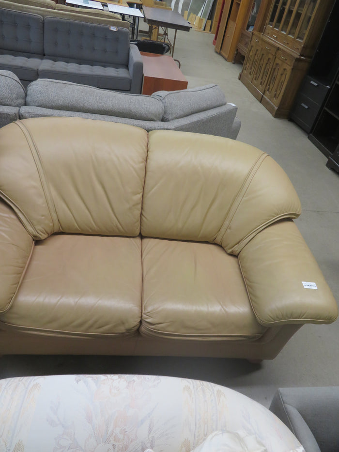 64x38x33-Inch – Tan Leather Loveseat with Plush Cushions