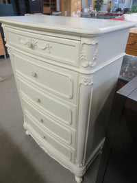 33x18x48-Inch – Victorian Cream Tall Chest with Ornate Carvings, 5 Drawer