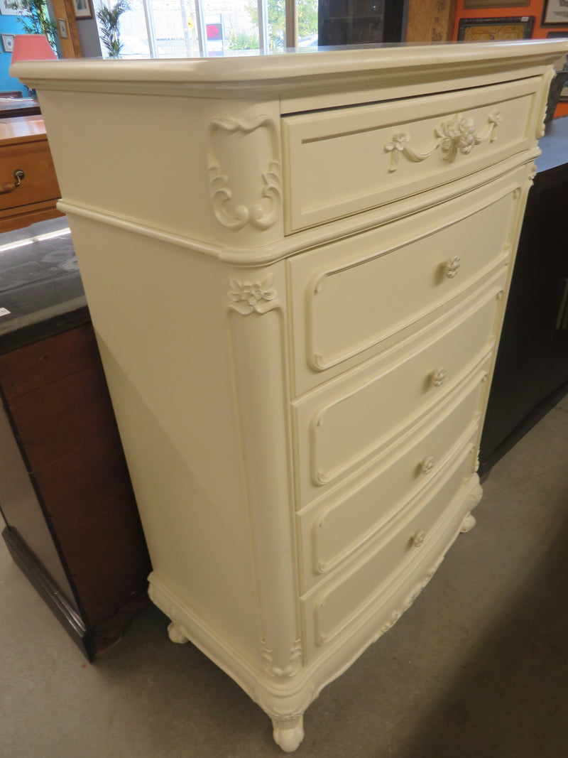 33x18x48-Inch – Victorian Cream Tall Chest with Ornate Carvings, 5 Drawer