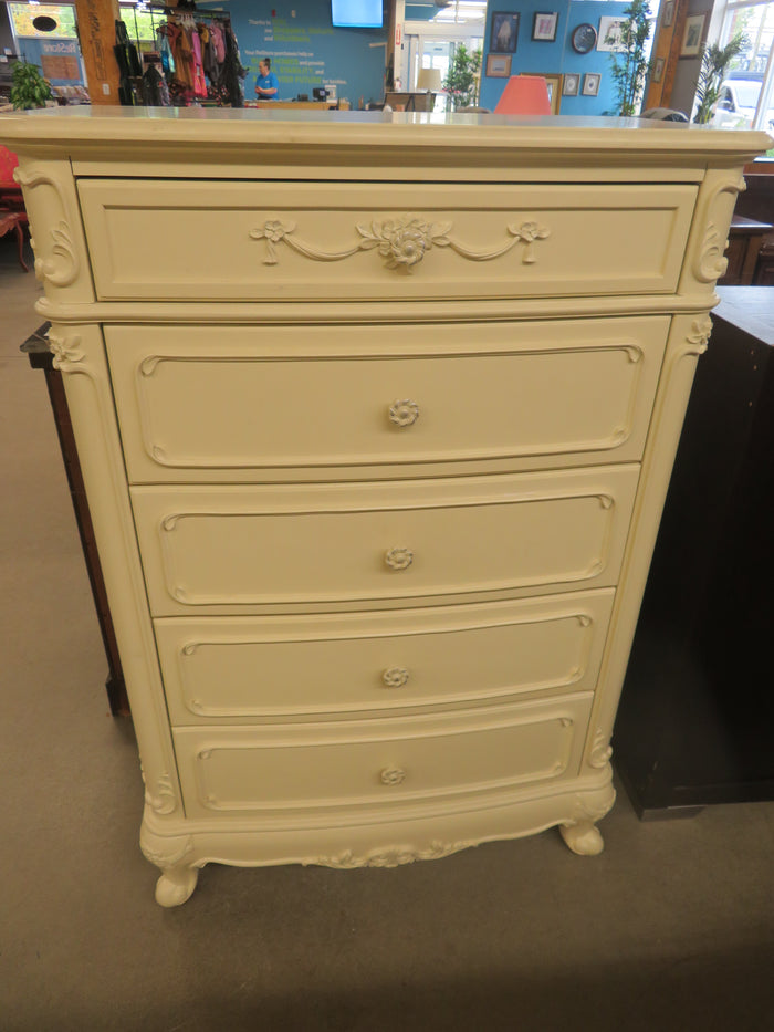 33x18x48-Inch – Victorian Cream Tall Chest with Ornate Carvings, 5 Drawer