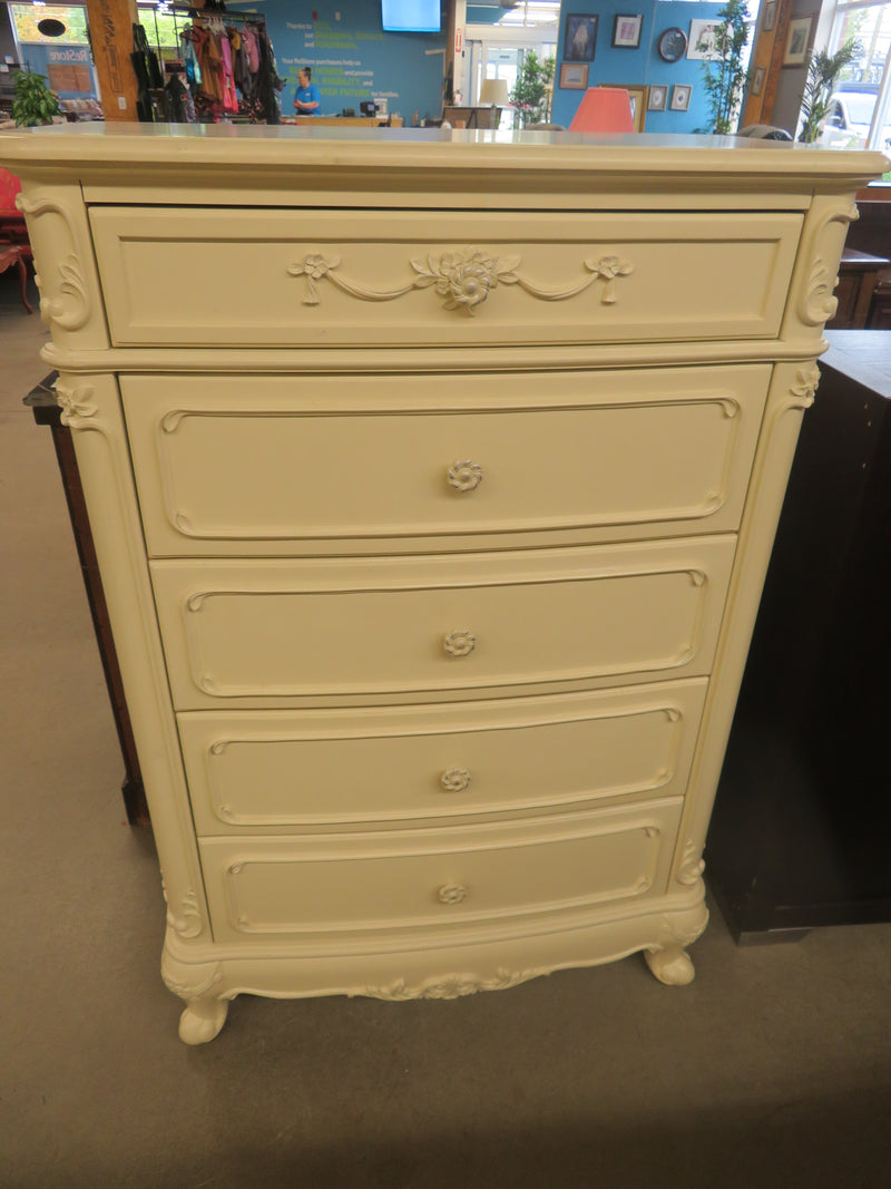 33x18x48-Inch – Victorian Cream Tall Chest with Ornate Carvings, 5 Drawer