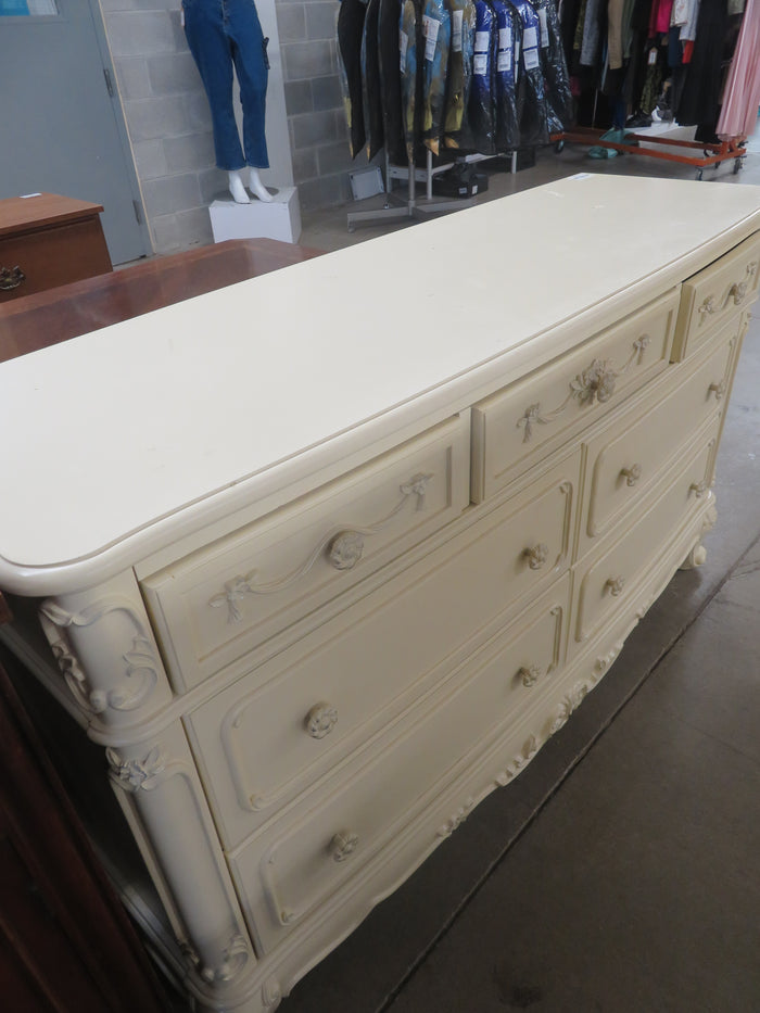 56x18x33-Inch – Victorian Cream Dresser with Ornate Carvings, 7 Drawer