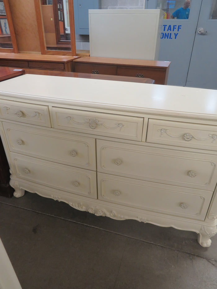 56x18x33-Inch – Victorian Cream Dresser with Ornate Carvings, 7 Drawer