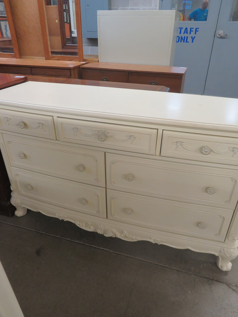 56x18x33-Inch – Victorian Cream Dresser with Ornate Carvings, 7 Drawer