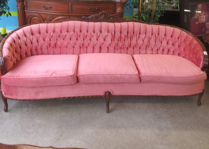 91.5"W Vintage-Style Sofa With Luxurious Pink Fabric