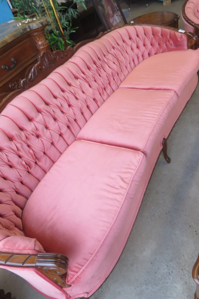 91.5"W Vintage-Style Sofa With Luxurious Pink Fabric