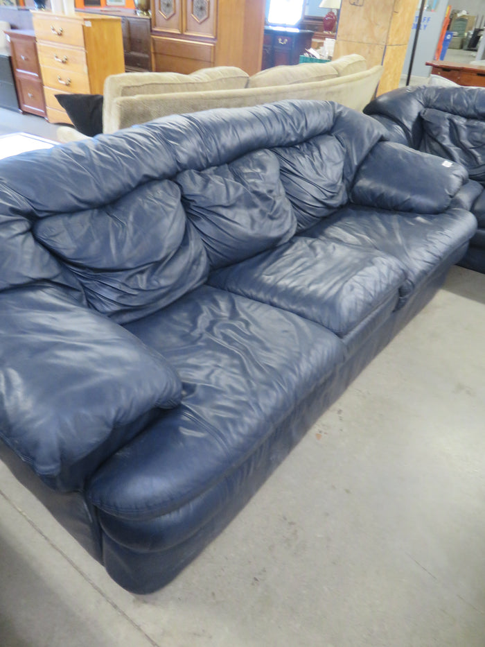 92"W Blue Leather 3-Seat Sofa