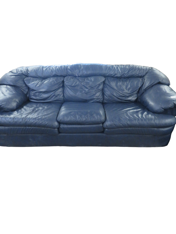 92"W Blue Leather 3-Seat Sofa