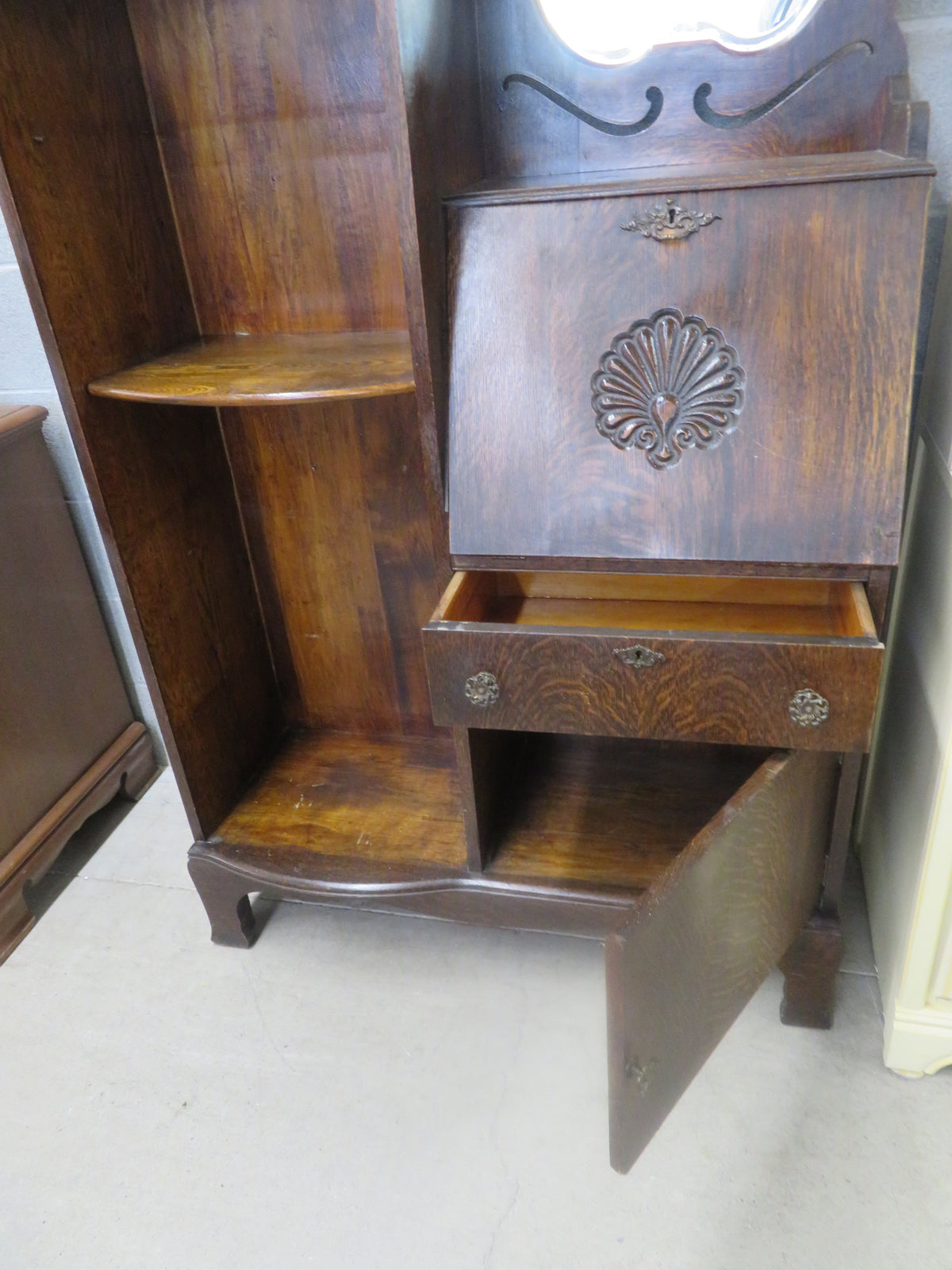 Antique Hallway Shelving Unit with Mirror