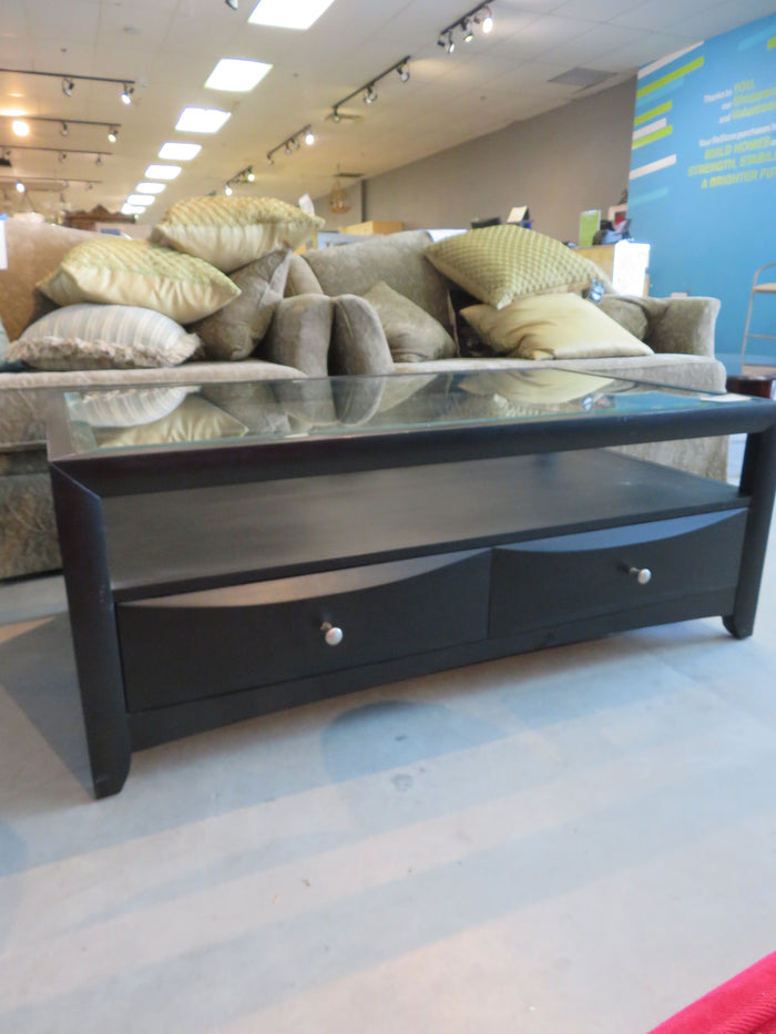Black Glass-Top Coffee Table with 2 Drawers