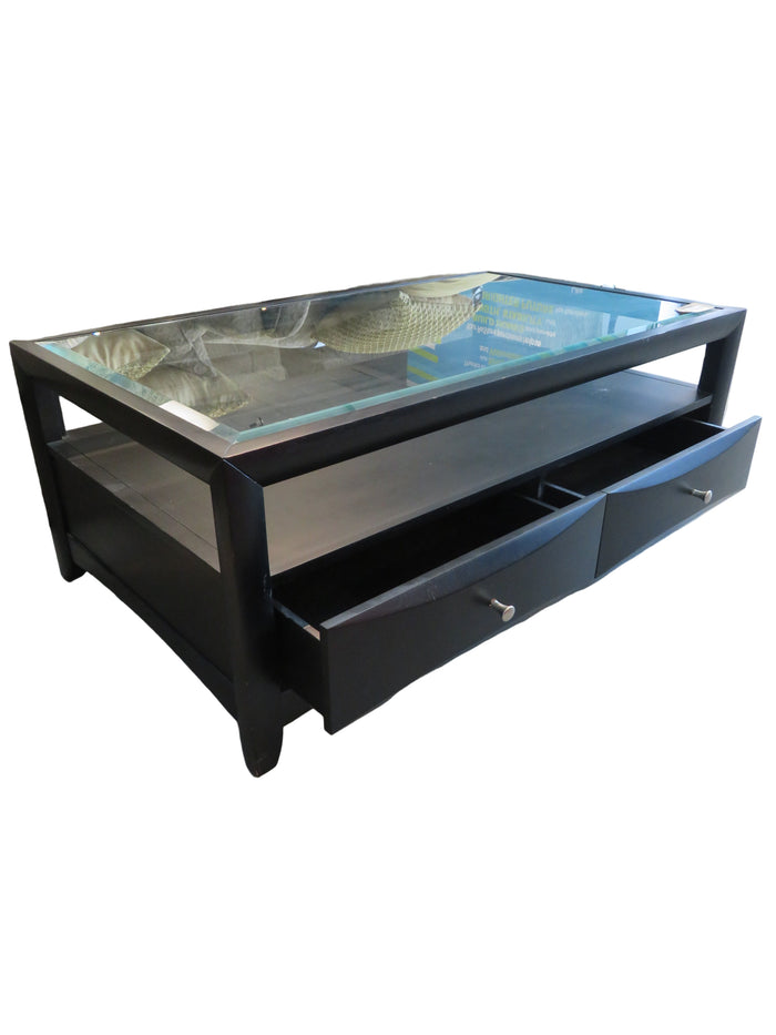 Black Glass-Top Coffee Table with 2 Drawers