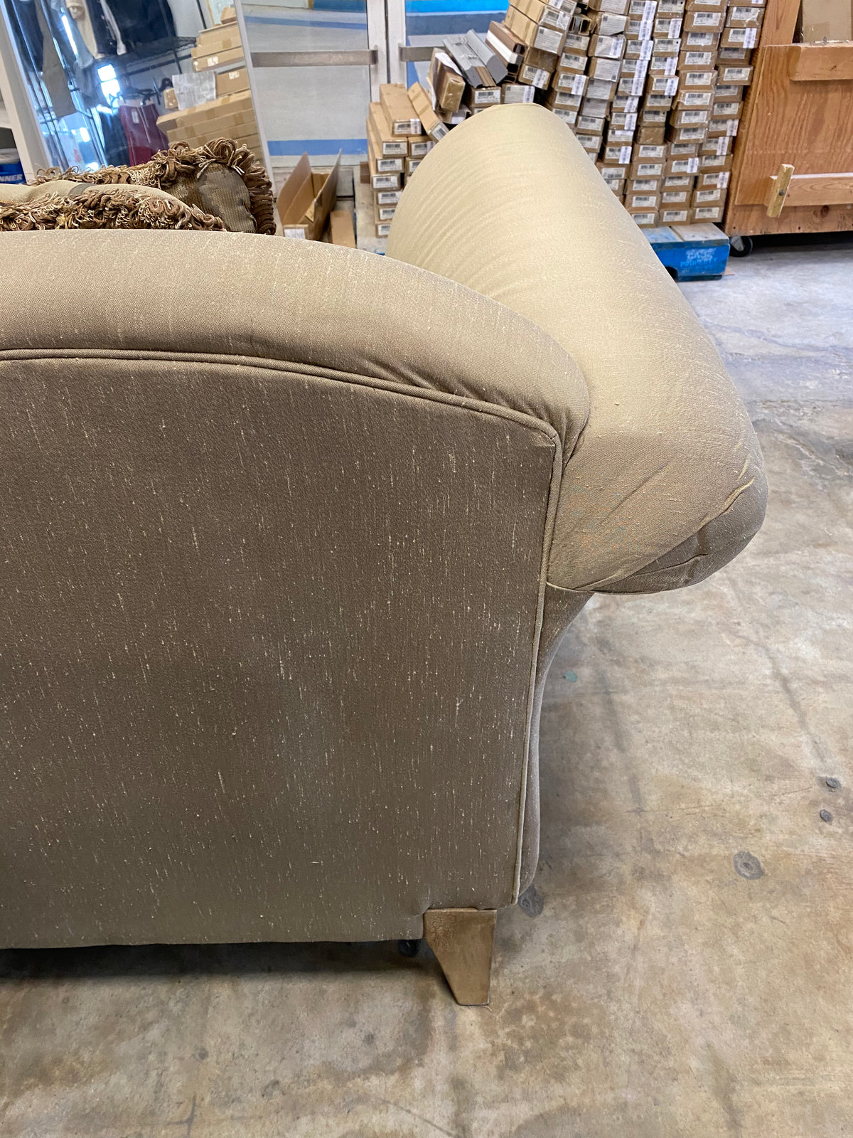 Beige French Provincial Camelback Sofa