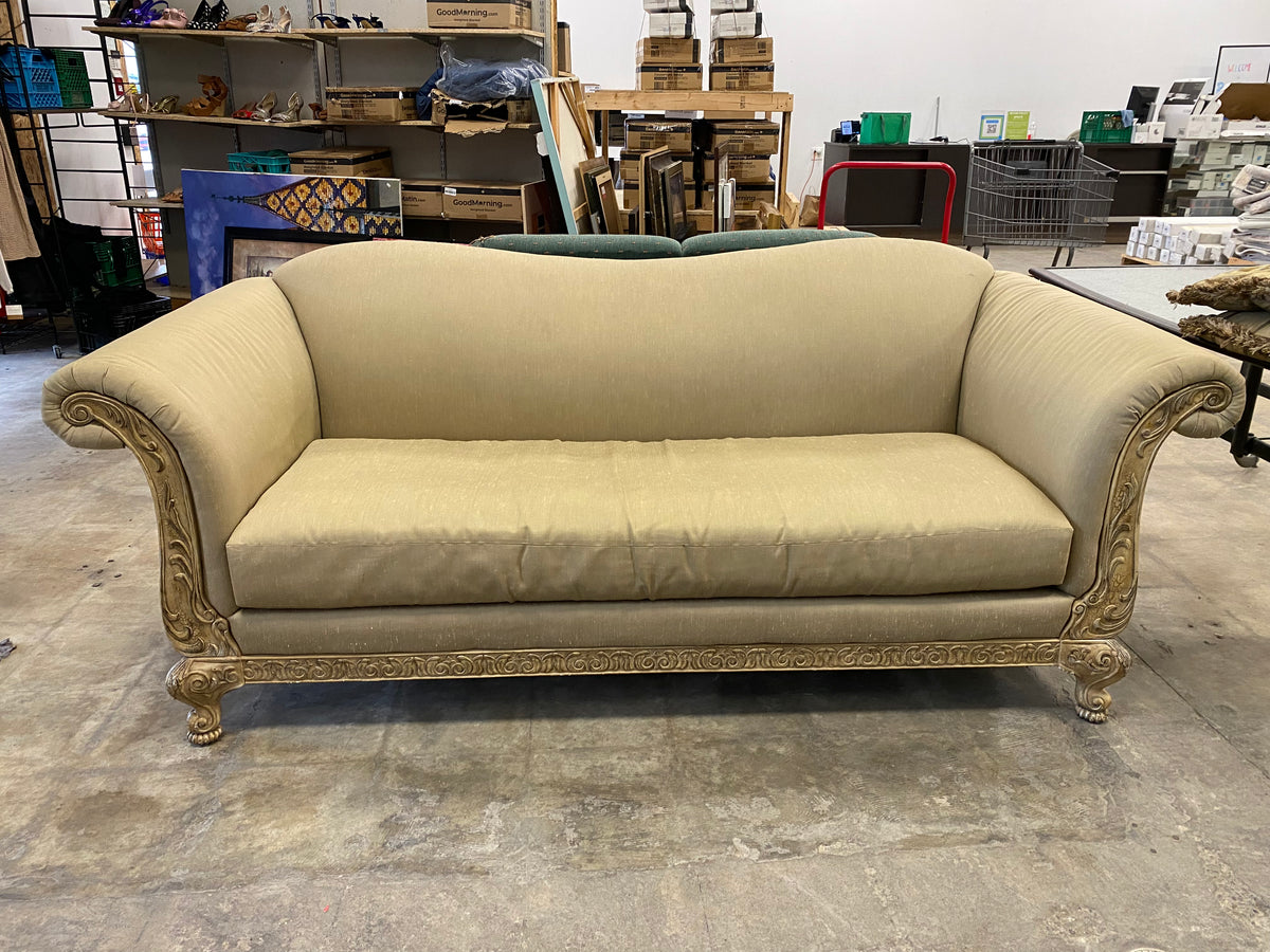 Beige French Provincial Camelback Sofa