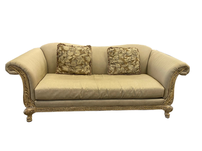 Beige French Provincial Camelback Sofa