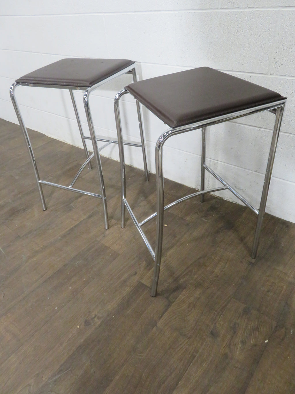 Set of Two Brown Leather Bar Stools