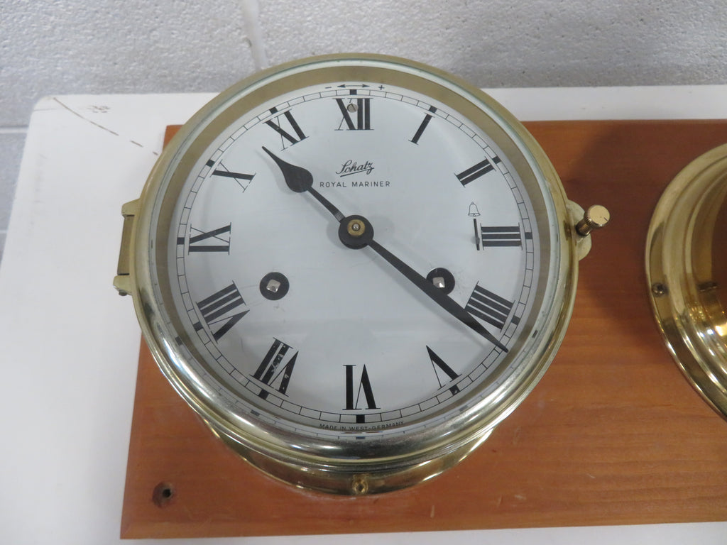Schatz Barometer and Royal Mariner Clock on Wood Backboard