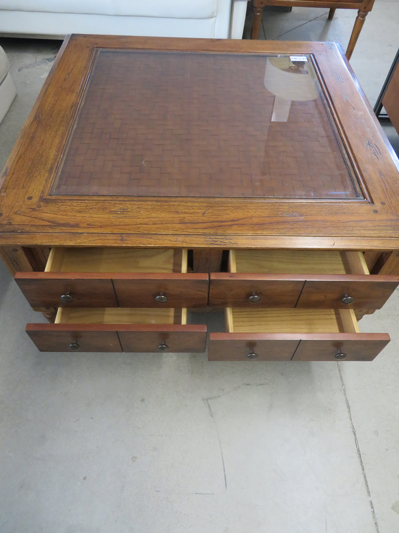 Square Wood and Glass Coffee Table with Four Drawers