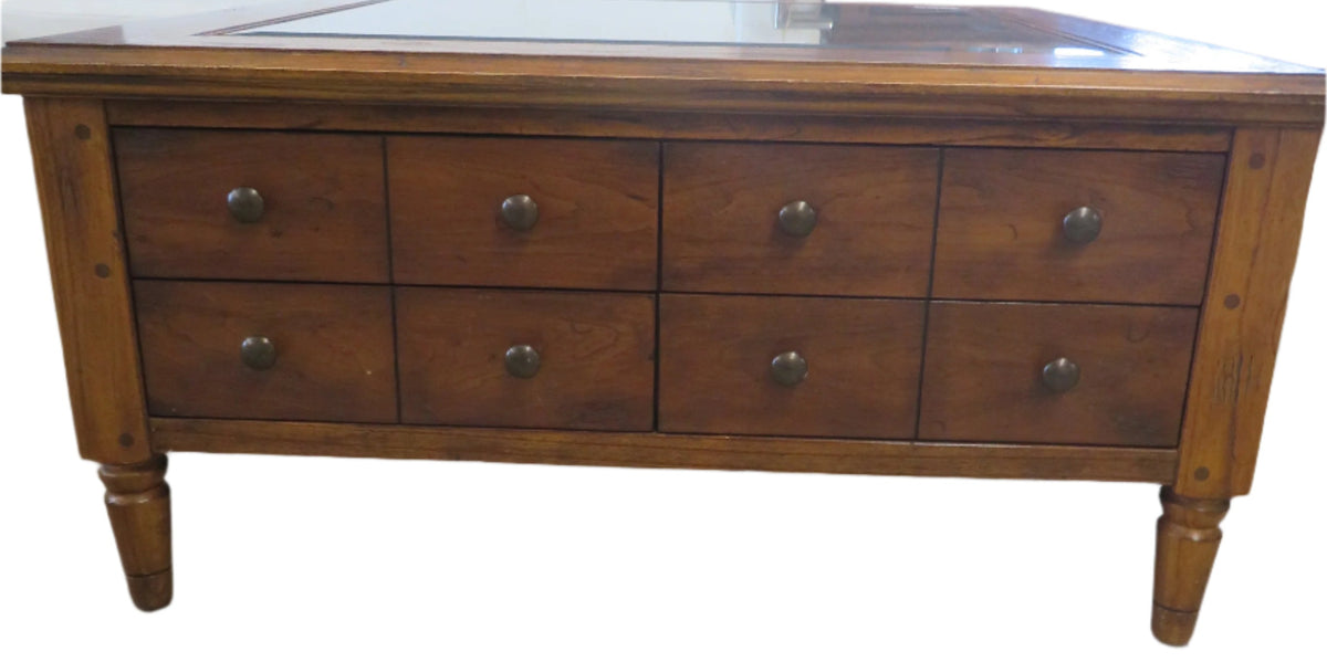 Square Wood and Glass Coffee Table with Four Drawers