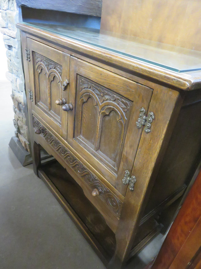 Small Vintage Solid Wood Side Board with Glass Top