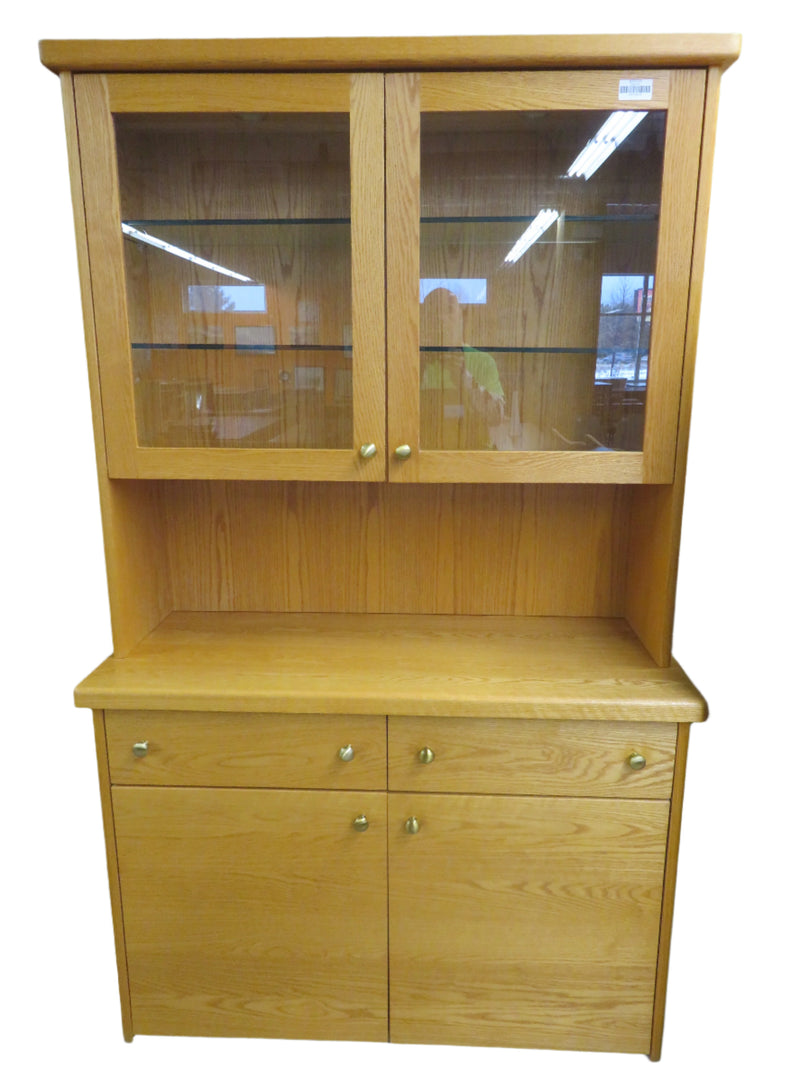 One Piece Oak Side Board and Upper Cabinet