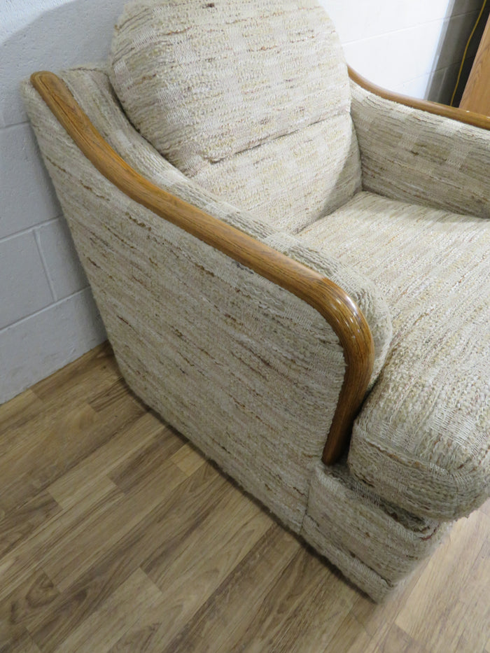 Arm Chair in Beige Fabric with Wood Arms