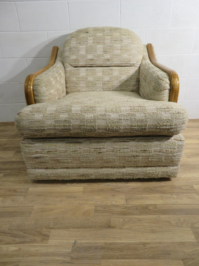 Arm Chair in Beige Fabric with Wood Arms