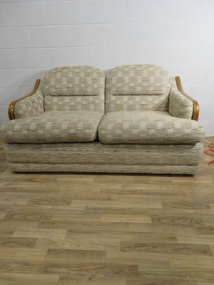 2-Seat Love Seat in Beige Fabric with Wood Arms