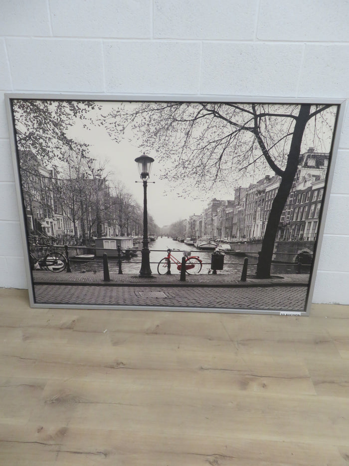 55.5"W "Amsterdam Canal Scene" Black and White - Framed