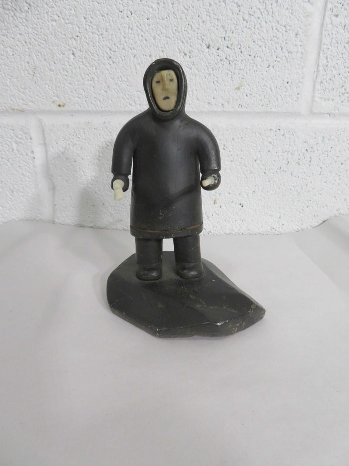 "Standing Hunter with Inset Face" Inuit Soap Stone Sculpture