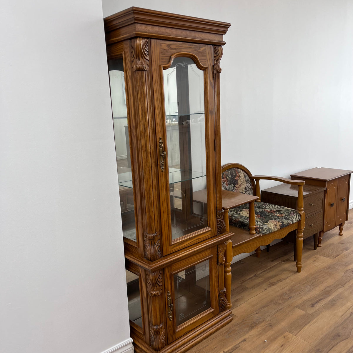 69.5"W Vintage Wooden Curio Cabinet