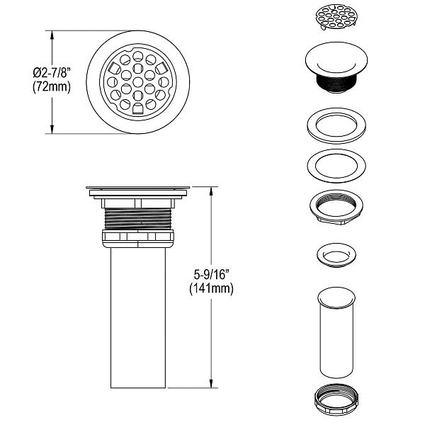 Elkay Drain Fitting Type 304 Stainless Steel Body Grid Strainer and Brass Tailpiece