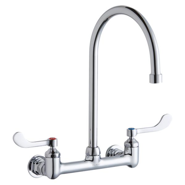 Elkay Scrub/Handwash 8" Centerset Wall Mount Faucet with 8" Gooseneck Spout 4in Wristblade Handle 1/2" Offset Inlets+Stop