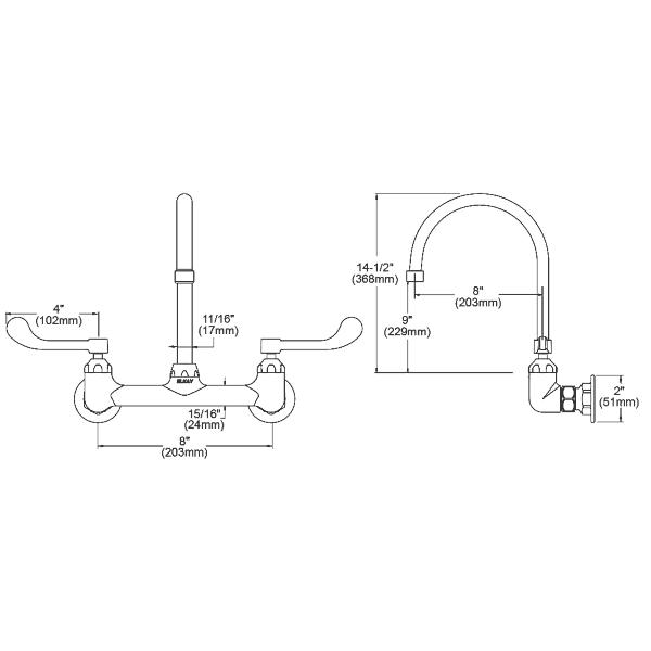 Elkay Scrub/Handwash 8" Centerset Wall Mount Faucet with 8" Gooseneck Spout 4in Wristblade Handle 1/2" Offset Inlets+Stop