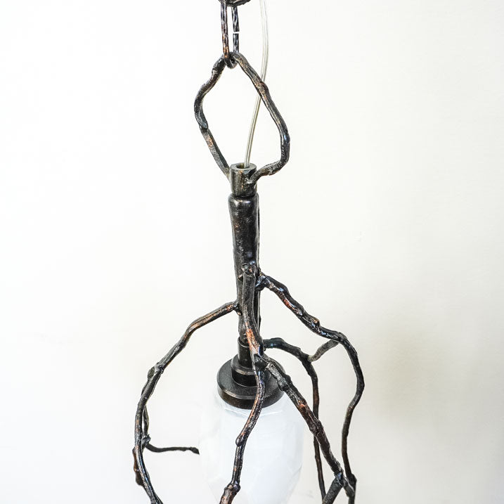 18-Inch W – Rustic Black Branch-Style Pendant with Frosted Glass Shade